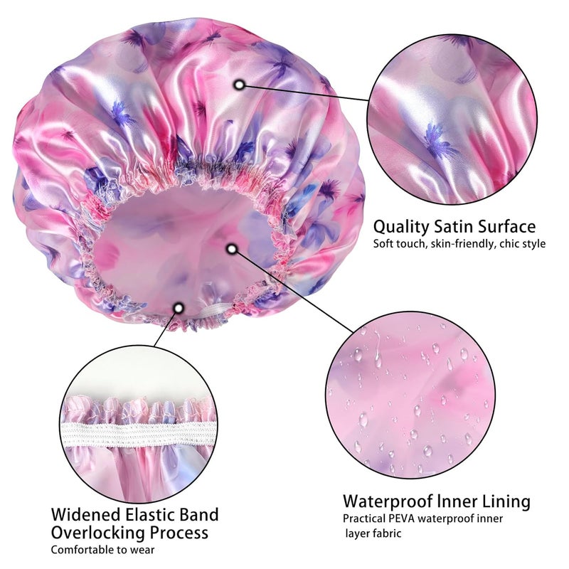 CHFONG 4 PCS Shower Caps for Women, Printing Bath Caps, Double Layers Shower Cap Reusable Waterproof, Bathing Shower Caps, Environmental Protection Hair Bath Hat - Flower C - Image 5